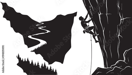 A high contrast black and white graphic illustration of a person rock climbing on a steep cliff isolated on transparent background, Vector