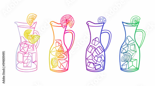 Line art of four pitchers filled with ice cubes and lemon slices, gradient coloring
