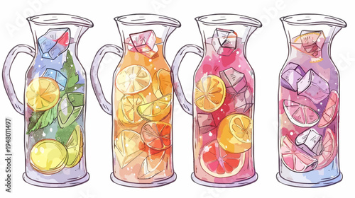 Four pitchers, each containing refreshing fruit-infused water, in a painted style