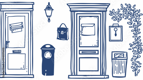 Vector illustration of doors, lamp, plant, trash can, briefcase, & art against white