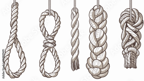 Five rope illustrations with different knots and styles hanging from above