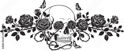 A detailed black and white illustration of a human skull surrounded by blooming rose flowers isolated on transparent background, Vector