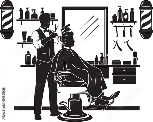 A professional barber giving a haircut to a client in a classic vintage style barbershop setting isolated on transparent background, Vector