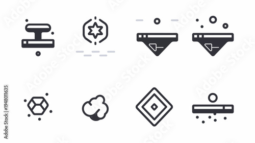 Eight icons depicting abstract concepts, simple, clean, in black and white