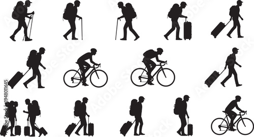 Hiker traveler silhouette with backpack and walking stick trekking adventure tourism outdoor exploration activity icon