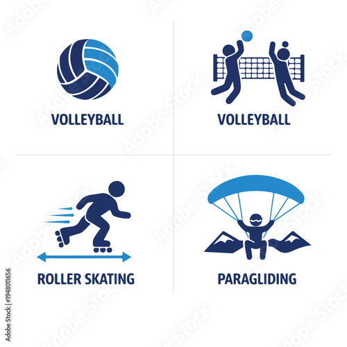 Sports and Recreation Vector Icon Set: Volleyball, Roller Skating, and Paragliding Pictograms