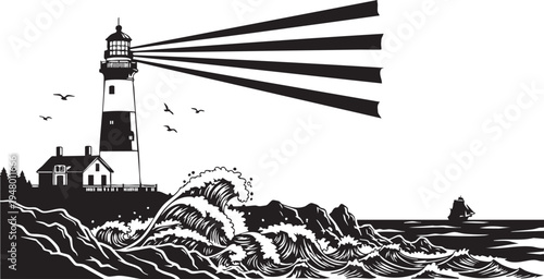 A high contrast black and white illustration of a lighthouse casting beams over crashing waves isolated on transparent background, Vector