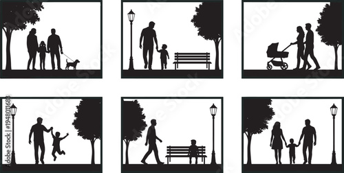 Family park silhouettes set parents children walking stroller dog outdoor lifestyle nature vector illustration