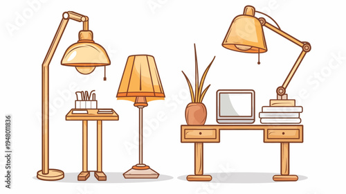 Illustration depicting study scene with lamps, desk, laptop, plant, and accessories