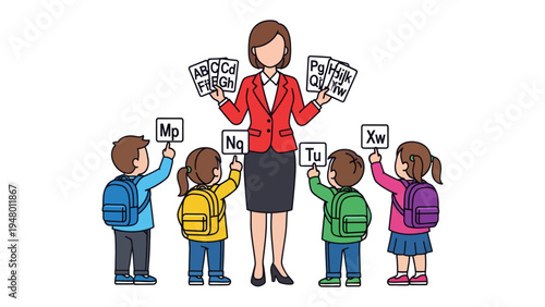 Education Together: A dedicated educator, surrounded by her attentive pupils, orchestrates a vibrant lesson. Each child, holding up letter cards, engages in a captivating exercise.