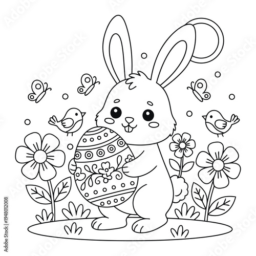 Easter bunny holding decorated egg with birds and flowers coloring page vector