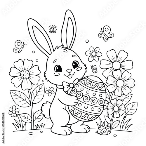 Easter bunny holding decorated egg surrounded by spring flowers coloring page vector