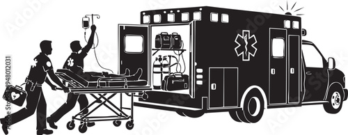 Black and white silhouette illustration of emergency medical technicians loading a patient ambulance isolated on transparent background, Vector