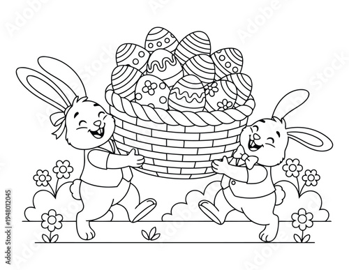 Easter bunny characters carrying basket full of decorated eggs in spring coloring page
