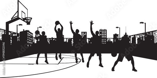 A black and white silhouette illustration of a group of basketball players on an urban city court isolated on transparent background, Vector