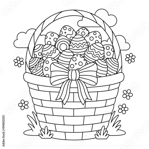 Easter basket filled with patterned eggs tied with ribbon in spring garden coloring page
