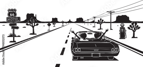 A black and white illustration of two people driving a convertible down the iconic route 66 road isolated on transparent background, Vector