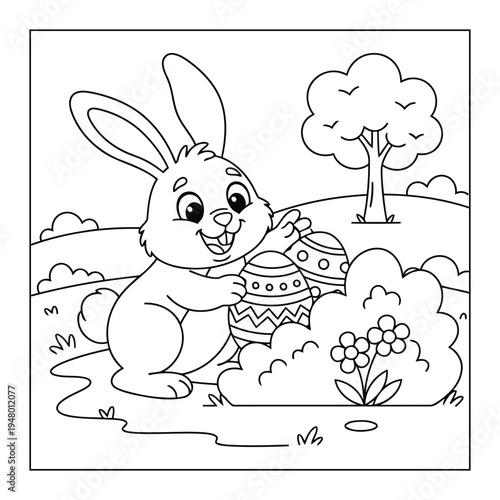 Easter bunny holding decorated eggs beside bush in spring meadow coloring page