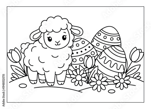 Easter lamb standing beside decorated eggs in spring flowers coloring page scene