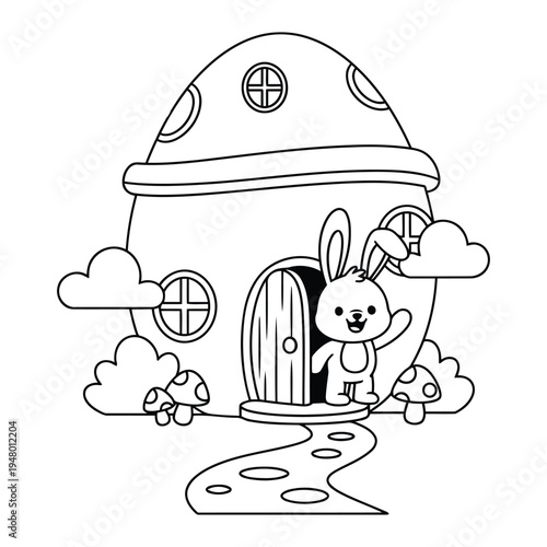 Easter bunny standing at egg house door in spring coloring page illustration