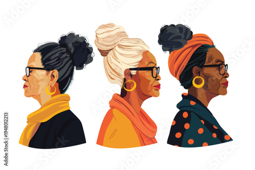 Candid portrait of old women with diverse skin tones isolated vector style