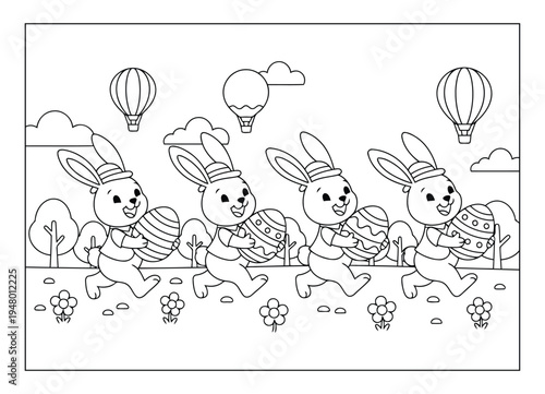 Easter bunny parade carrying decorated eggs in spring coloring page illustration