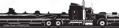 A black and white vector silhouette of a heavy duty semi truck driving through monument valley isolated on transparent background, Vector