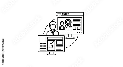 Business audit concept, online data analysis, financial report, and certification on computer screens