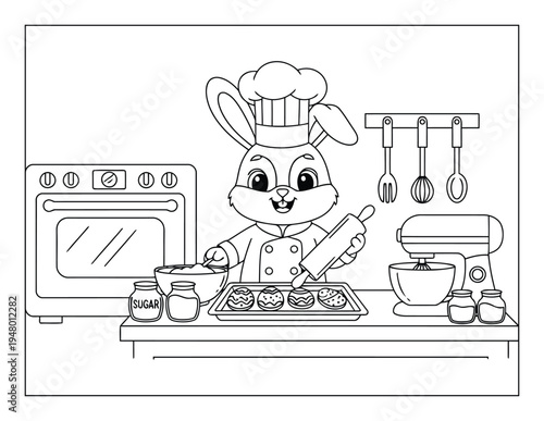 Easter bunny baking decorated egg cookies in kitchen coloring page illustration