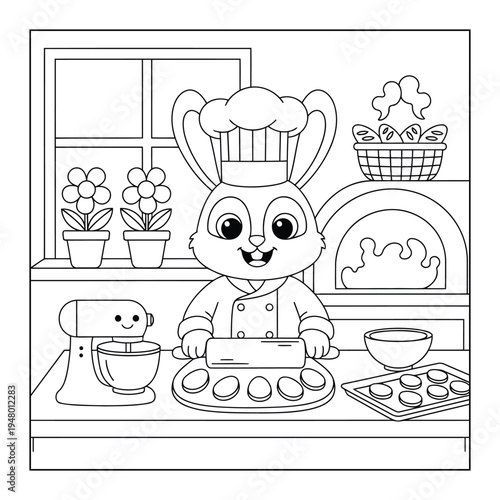 Easter bunny baking cookies in kitchen coloring page illustration scene