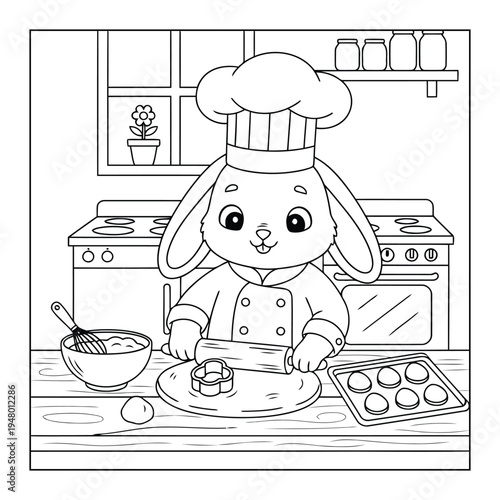 Easter bunny chef cutting cookie shapes in kitchen coloring page illustration