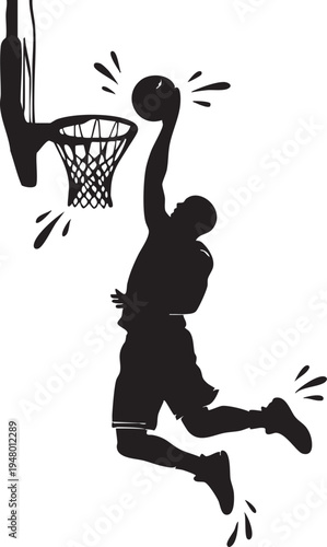 A high contrast black silhouette of a basketball player performing a powerful slam dunk maneuver isolated on transparent background, Vector