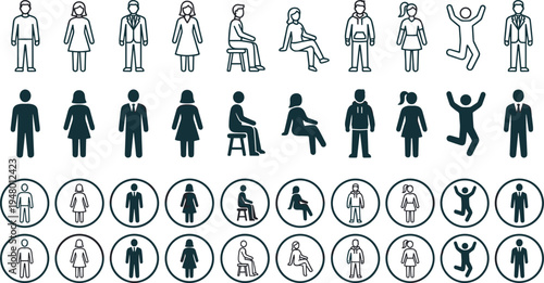 People icons set male female sitting standing jumping user avatar silhouette outline vector collection