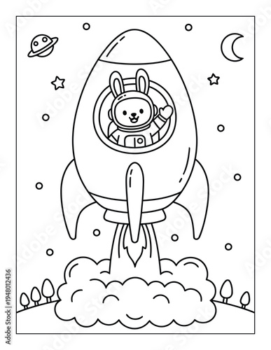 Easter bunny astronaut rocket launch coloring page illustration for children