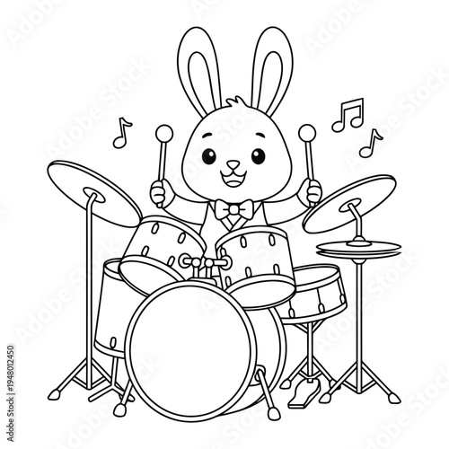 Easter bunny drummer playing drum set coloring page illustration for children