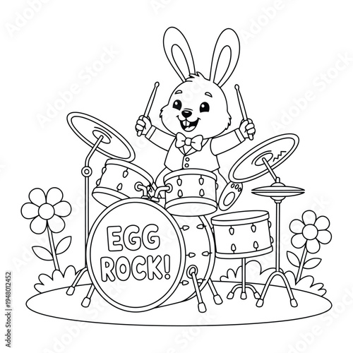 Easter bunny drummer with egg rock drum set coloring page illustration for children