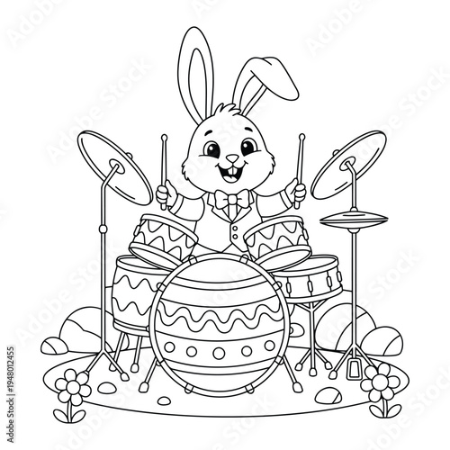 Easter bunny playing drum set coloring page illustration for children activity