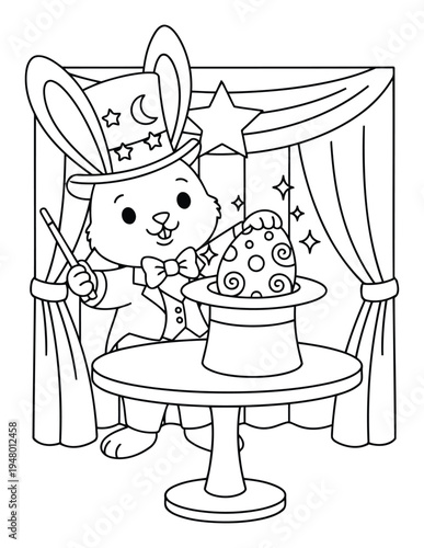 Easter bunny magician performing egg magic trick coloring page illustration for children