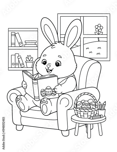 Easter bunny reading book in cozy room coloring page illustration for children