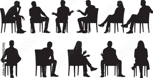 People sitting silhouettes set conversation interview meeting discussion chair pose human interaction vector collection