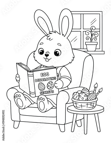 Easter bunny reading egg decorating book coloring page illustration for children