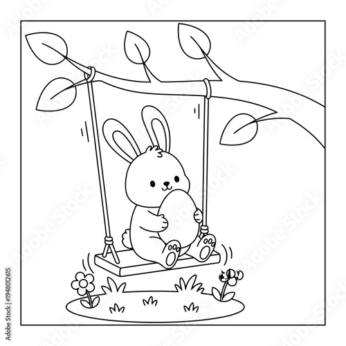 Easter bunny swinging on tree branch holding decorated egg coloring page illustration