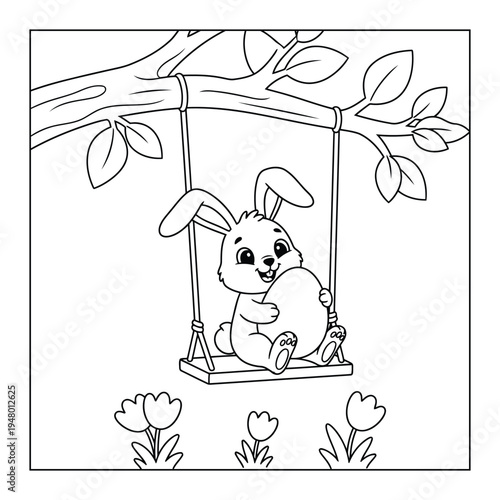Easter bunny sitting on tree swing holding decorated egg coloring page illustration