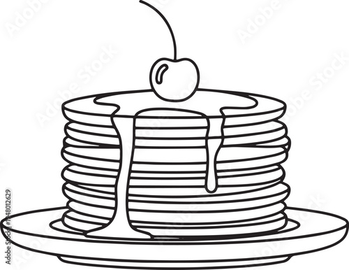 Vector illustration of a stack of pancakes with syrup and cherry
