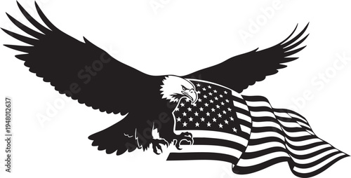 A black and white graphic illustration featuring a majestic bald eagle flying with an american flag isolated on transparent background, Vector