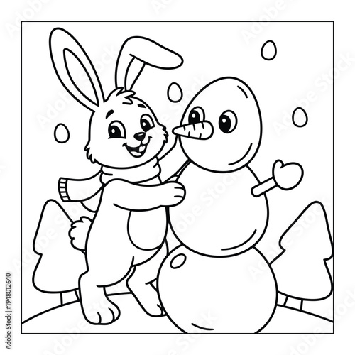 Easter bunny hugging snowman in winter scene coloring page illustration