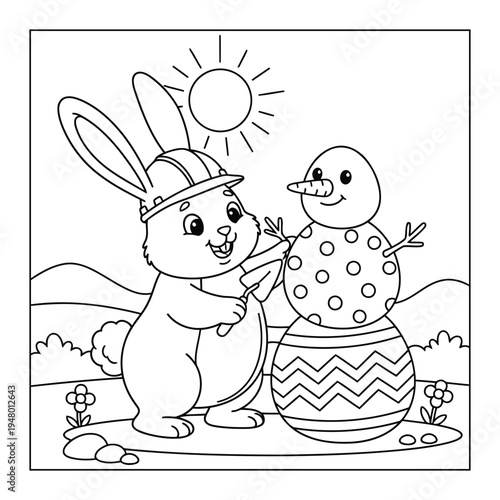 Easter bunny decorating egg shaped snowman in sunny spring landscape coloring page
