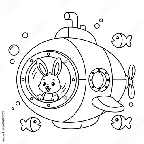 Cute bunny inside cartoon submarine with fish underwater coloring page illustration`.