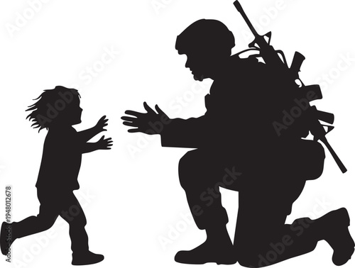 A black silhouette illustration of a soldier kneeling to greet a small child reaching out to them isolated on transparent background, Vector