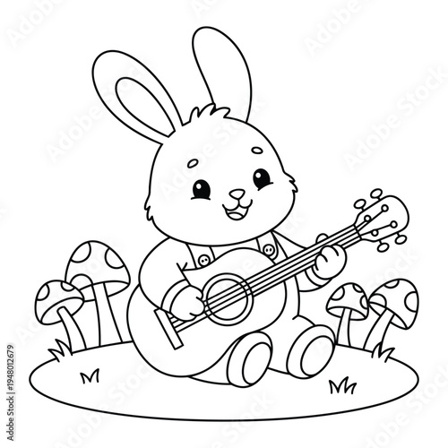 Cute bunny playing guitar among mushrooms in forest coloring page illustration